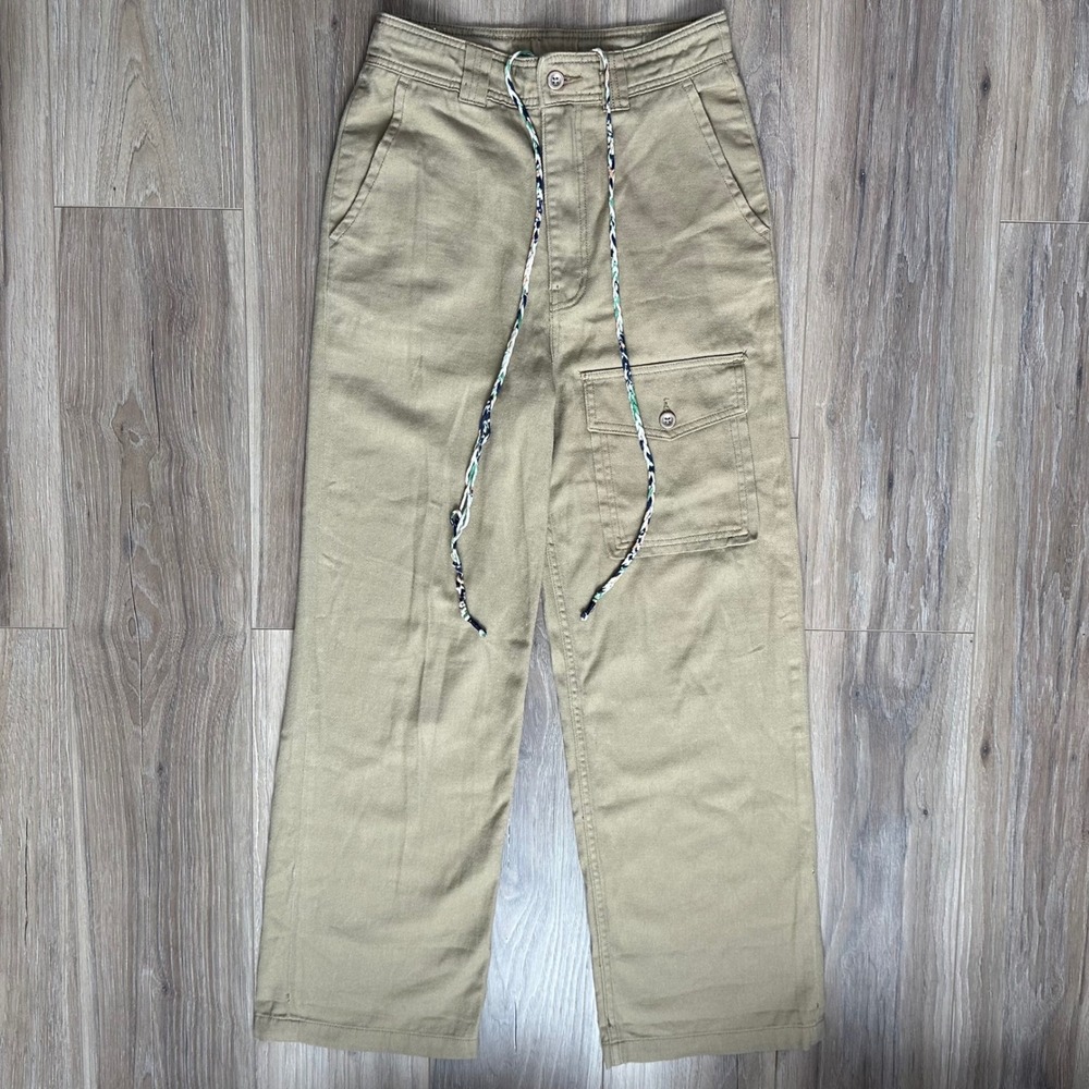 Free People Khaki Cotton Twill Wide Leg Cargo Pants Braided Drawstring